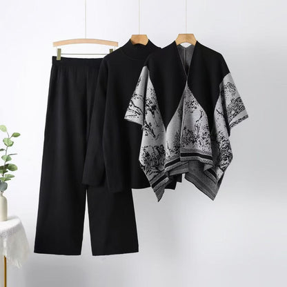 Elegant 3-Piece Knit Lounge Set - Open Front Shawl Poncho, Mock Neck Sweater & Wide Leg Pants