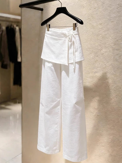 Designer Cotton Linen Layered Pants | High Waist Skirt-Overlay Drawstring Wide Leg Trousers