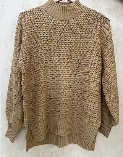 Chunky Knit Mock Neck Sweater - Loose Fit Side Slit Long Sleeve Pullover Sweater Plus Size