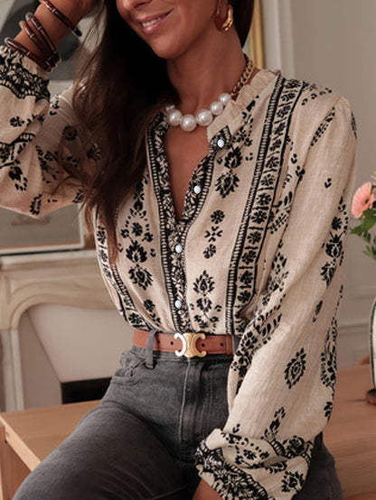 Vintage Bohemian Floral Print Blouse - Long Sleeve Ruffle Collar Button-Down Shirt for Women