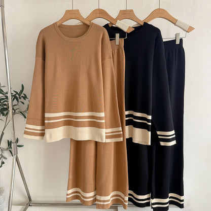 Cozy Stripe Hem 2-Piece Knit Set - Crewneck Long Sleeve Sweater & High-Waist Wide Leg Pants Lounge Set