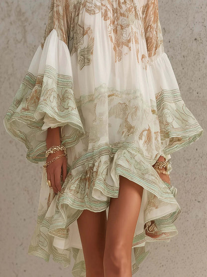 Flowy Lantern Sleeve Resort Dress - Lightweight Oversized Bohemian Tunic