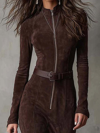 Faux Suede Long Dress | Elegant High Waist Mermaid Hem Dress with Belt