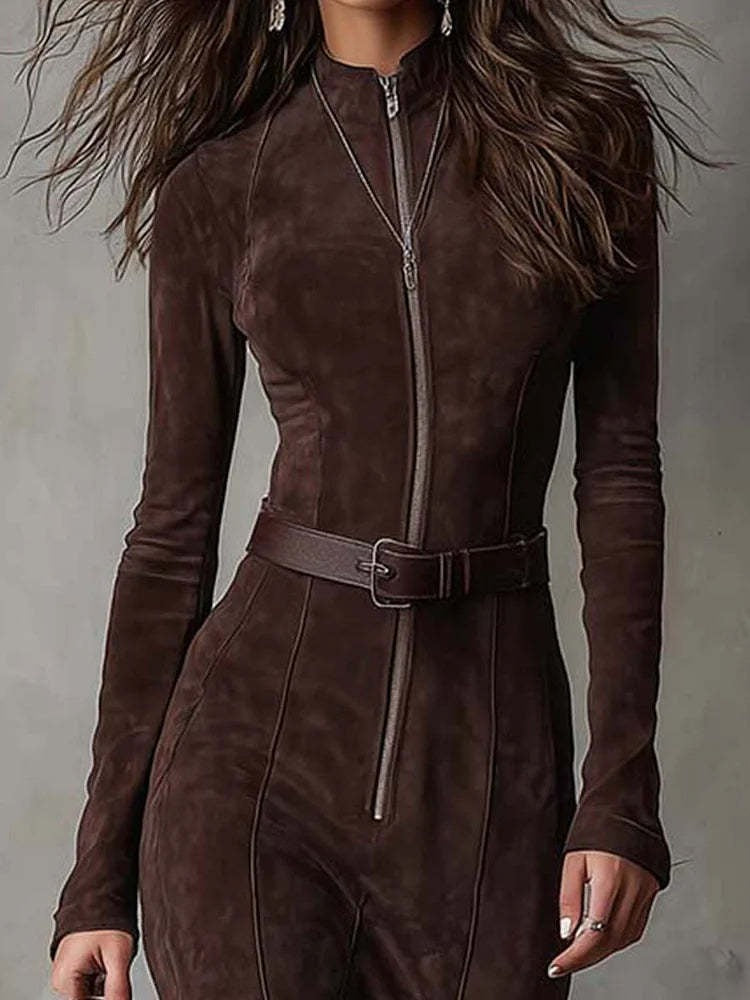 Faux Suede Long Dress | Elegant High Waist Mermaid Hem Dress with Belt