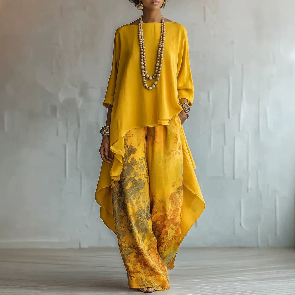 Bohemian Asymmetric Tunic & Wide-Leg Pants Set - Two-Piece Casual Resort Outfit for Women