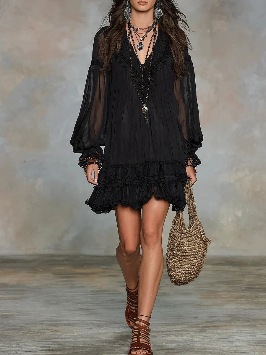 Robe Courte de Vacances Gothique Bohème en Chiffon | Taille Haute Romantique à Volants