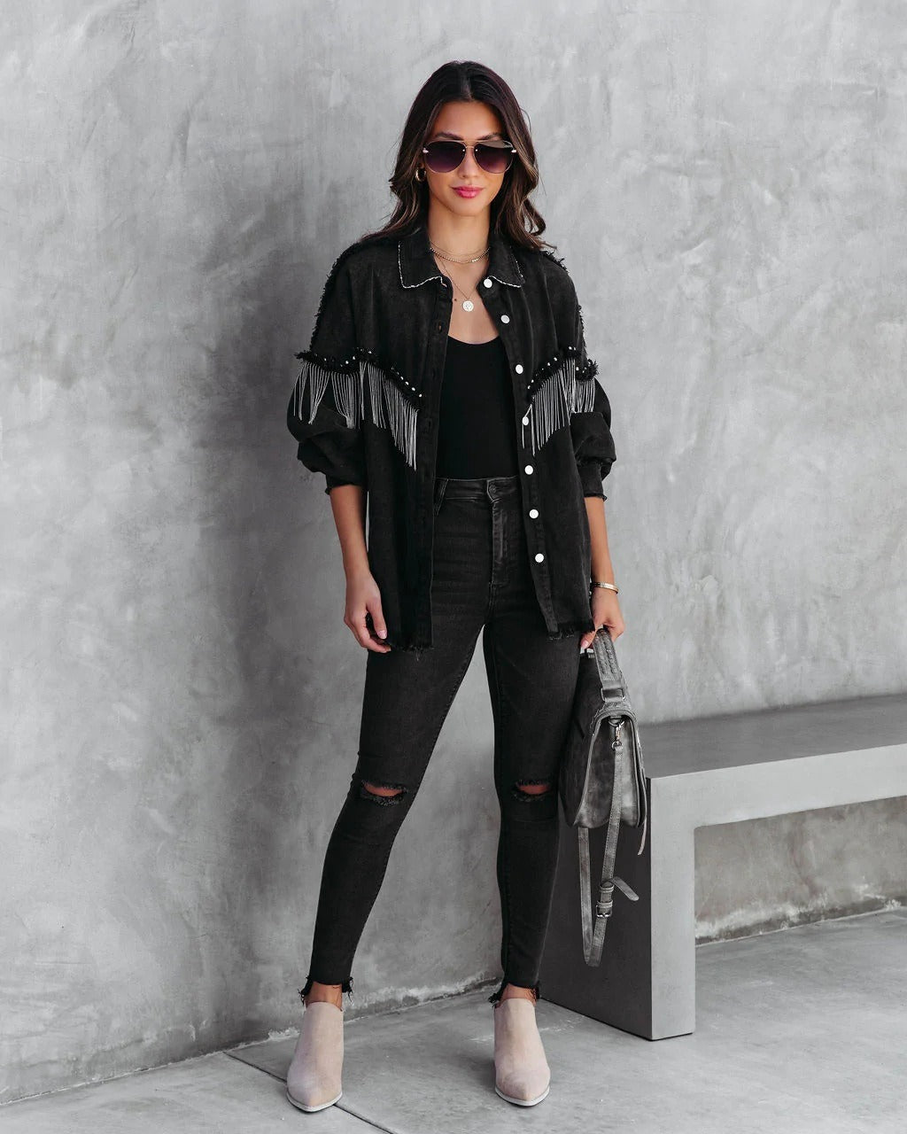 Vintage Oversized Black Denim Jacket for Women - Streetwear Tassel Hem Shacket