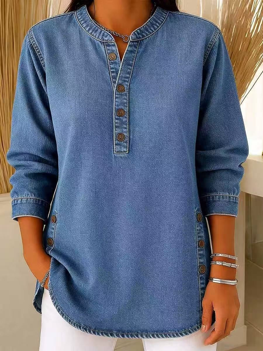 Vintage Solid Blue Denim Top for Women - Chic Side Button Curved Hem Tunic Top