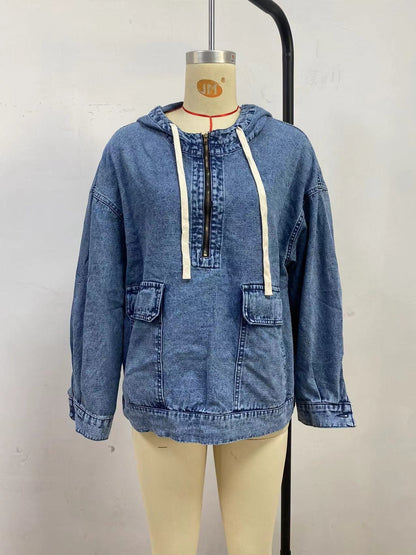 Women's Denim Pullover Hoodie | Casual Long Sleeve Washed Jean Sweatshirt Top