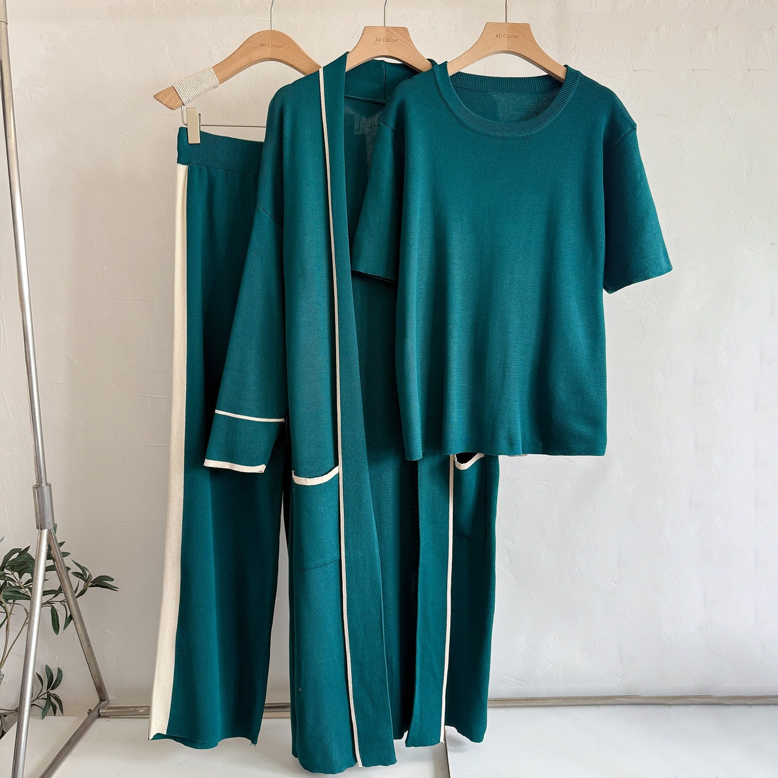 Elegant 3-Piece Knit Lounge Set - Contrast Trim Long Robe Cardigan, Crewneck Tee & Wide Leg Pants