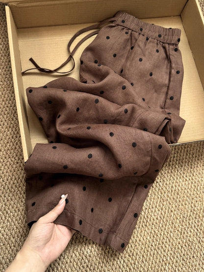Vintage Polka Dot Embroidered Linen Pants | Casual High Waist Drawstring Loose Wide Leg Trousers