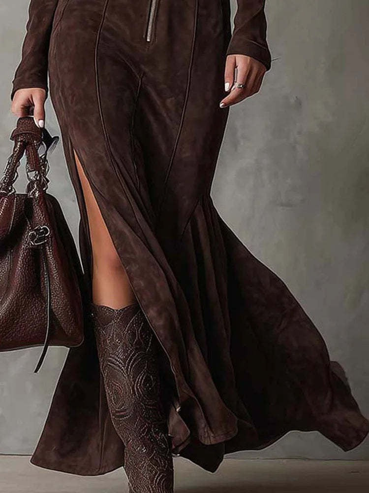 Faux Suede Long Dress | Elegant High Waist Mermaid Hem Dress with Belt