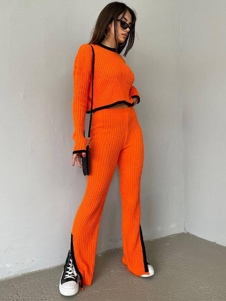 Trendy Ribbed Knit Two-Piece Set - Contrast Trim Long Sleeve Sweater & Flare Pants Lounge Set