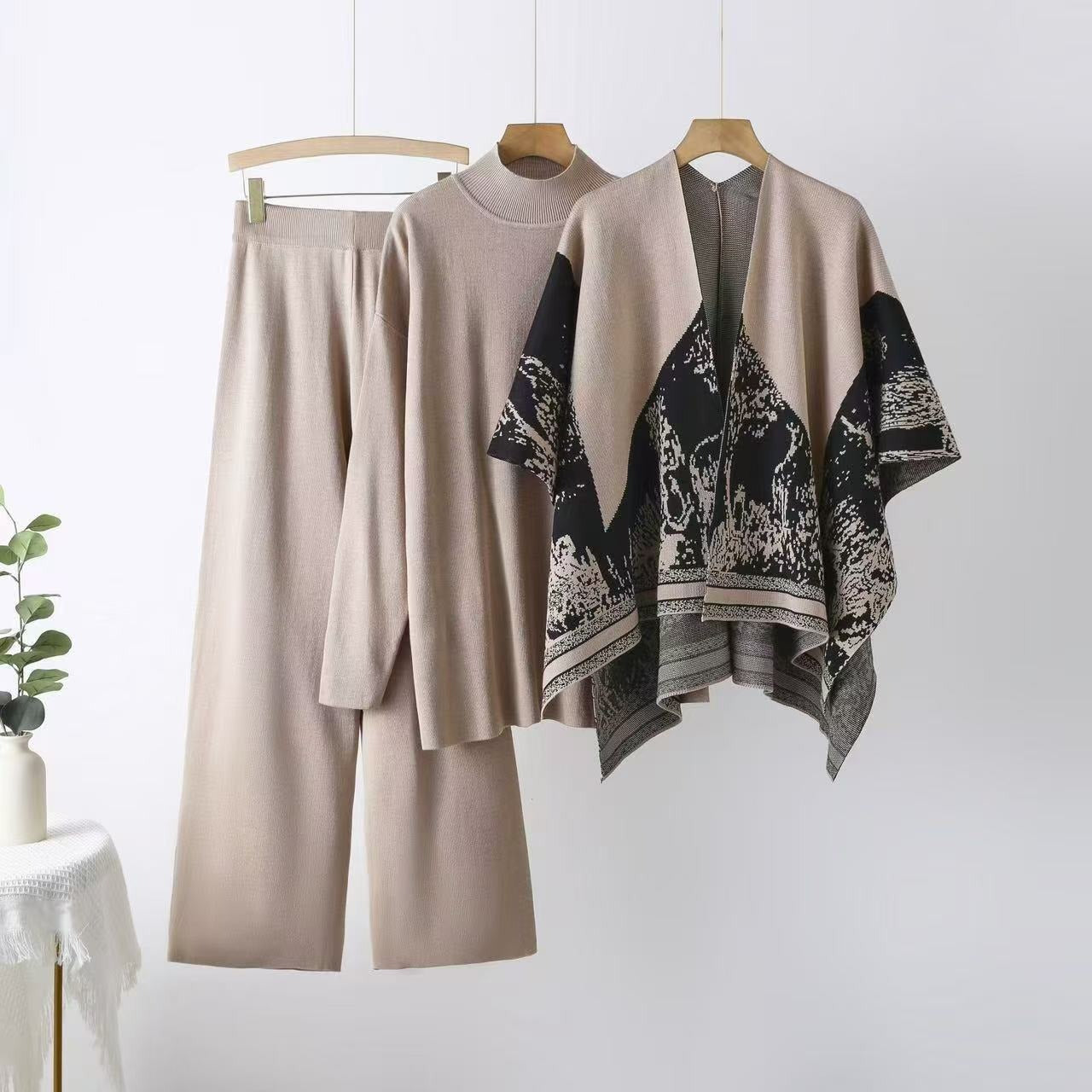 Elegant 3-Piece Knit Lounge Set - Open Front Shawl Poncho, Mock Neck Sweater & Wide Leg Pants