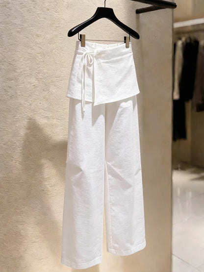 Designer Cotton Linen Layered Pants | High Waist Skirt-Overlay Drawstring Wide Leg Trousers