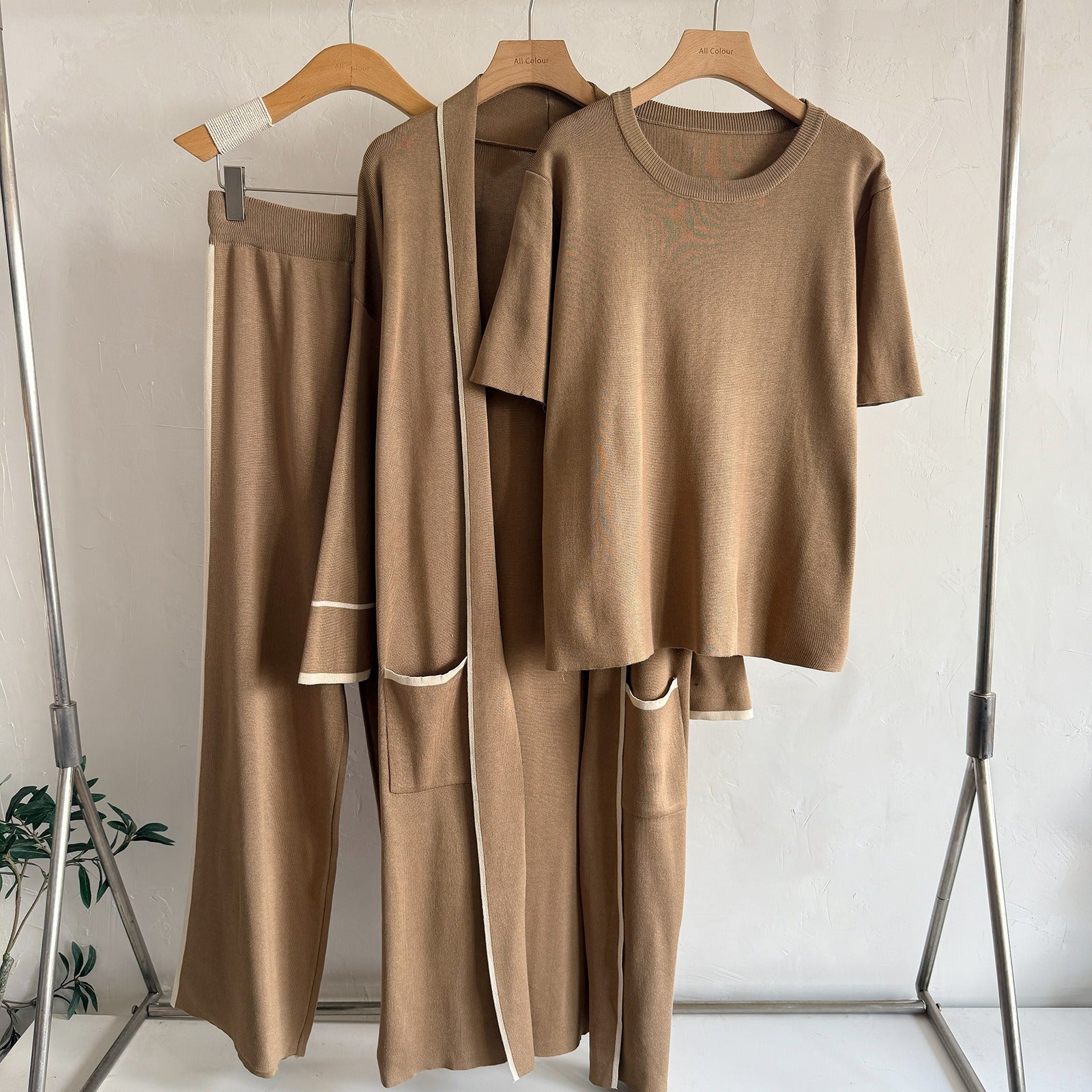 Elegant 3-Piece Knit Lounge Set - Contrast Trim Long Robe Cardigan, Crewneck Tee & Wide Leg Pants
