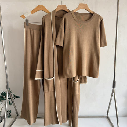 Elegant 3-Piece Knit Lounge Set - Contrast Trim Long Robe Cardigan, Crewneck Tee & Wide Leg Pants