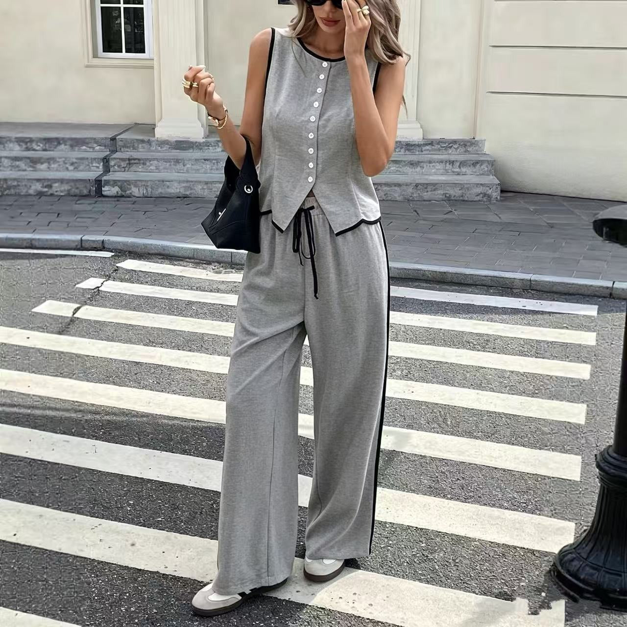 Riviera Contrast Piping Set | Tailored Button-Up Vest & Wide-Leg Pants