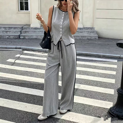 Riviera Contrast Piping Set | Tailored Button-Up Vest & Wide-Leg Pants