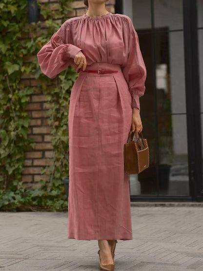 Elegant Solid Color Pleated Maxi Dress for Women - Soft Loose Fit Bishop Sleeve Kaftan