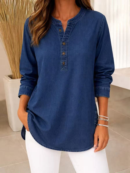 Vintage Solid Blue Denim Top for Women - Chic Side Button Curved Hem Tunic Top