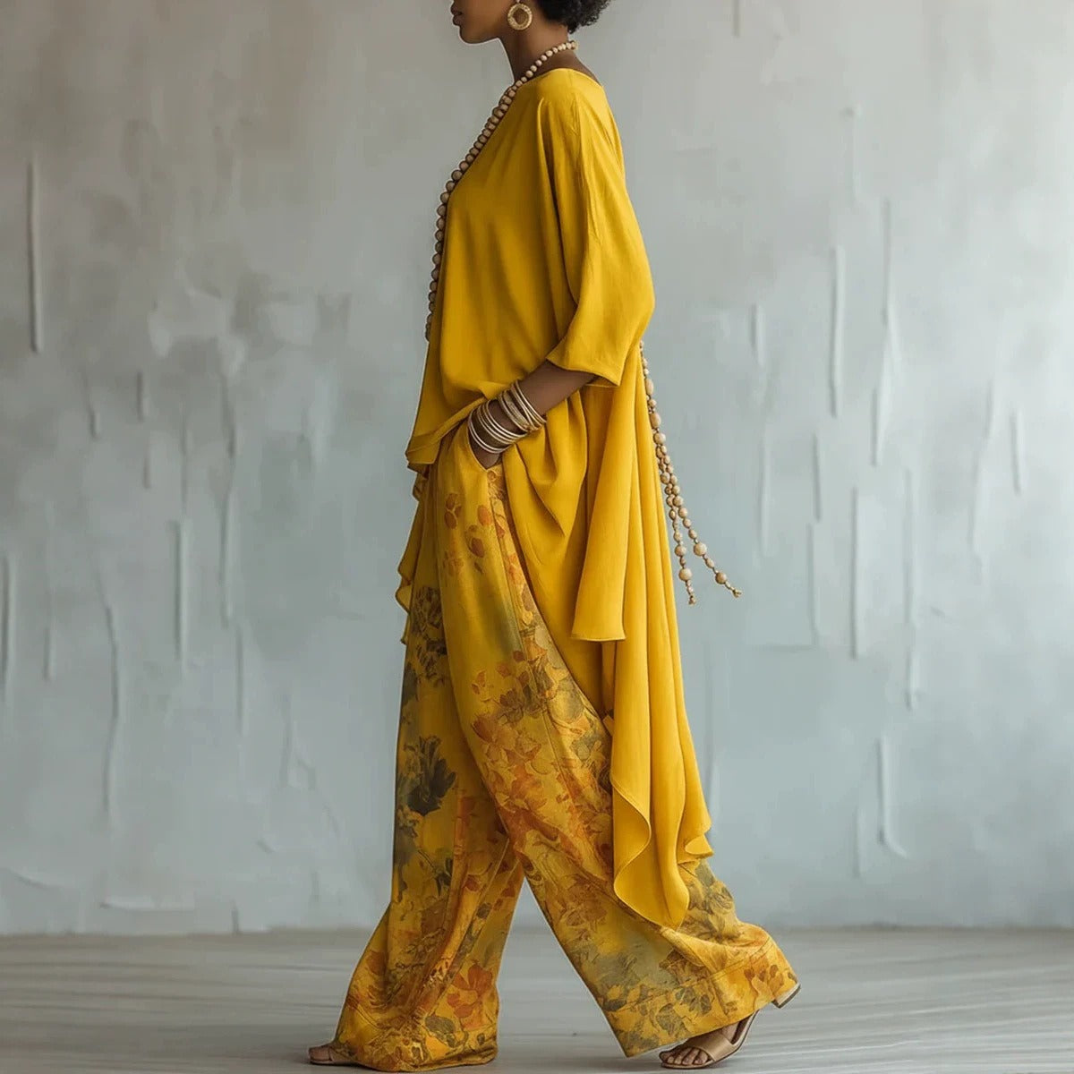 Bohemian Asymmetric Tunic & Wide-Leg Pants Set - Two-Piece Casual Resort Outfit for Women