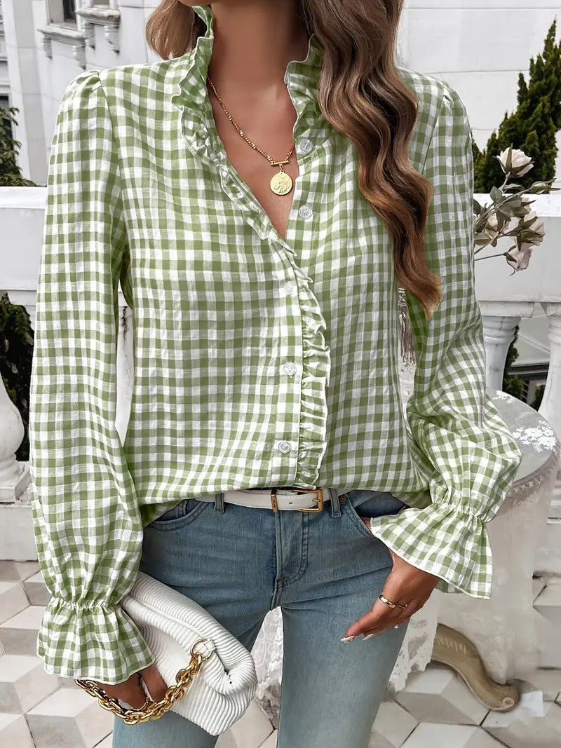 Cottagecore Gingham Check Shirt | Romantic Frill Trim V-Neck Blouse with Flared Cuffs