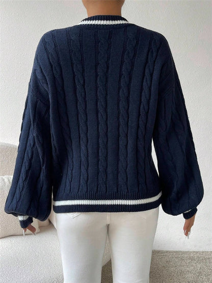 Women's Cable Knit V-Neck Sweater | Casual Contrast Stripe Preppy Jumper Top