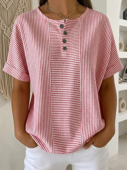 Casual Vertical Stripe Short Sleeve Shirt | Breathable Half-Button Summer Blouse