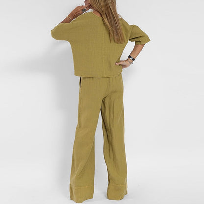 Ensemble deux pièces en mélange de lin pour femme – Haut à manches courtes et col rond et pantalon à jambes très larges, ensemble décontracté de vacances d'été