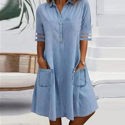 Vintage Washed Denim Tunic Dress for Women - Chic Mesh Patchwork Dress with Pockets