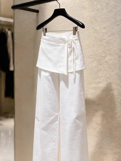 Designer Cotton Linen Layered Pants | High Waist Skirt-Overlay Drawstring Wide Leg Trousers
