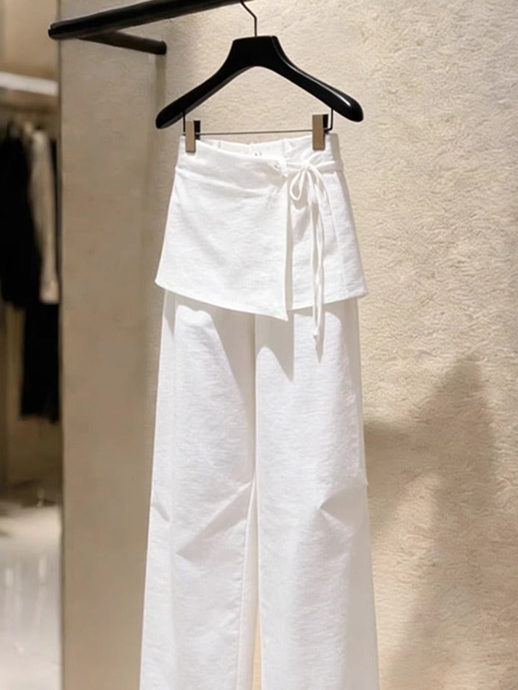 Designer Cotton Linen Layered Pants | High Waist Skirt-Overlay Drawstring Wide Leg Trousers