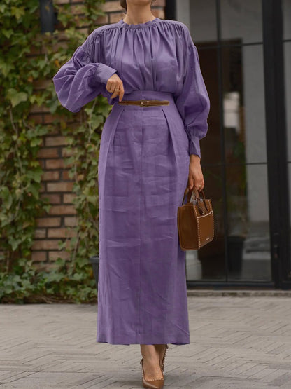 Elegant Solid Color Pleated Maxi Dress for Women - Soft Loose Fit Bishop Sleeve Kaftan