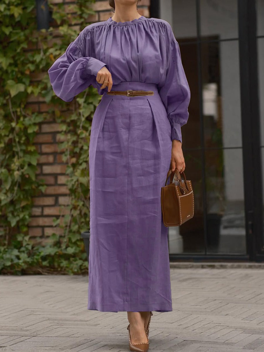 Elegant Solid Color Pleated Maxi Dress for Women - Soft Loose Fit Bishop Sleeve Kaftan