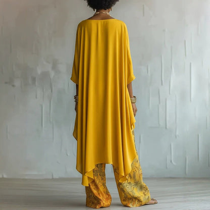 Bohemian Asymmetric Tunic & Wide-Leg Pants Set - Two-Piece Casual Resort Outfit for Women