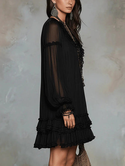 Robe Courte de Vacances Gothique Bohème en Chiffon | Taille Haute Romantique à Volants
