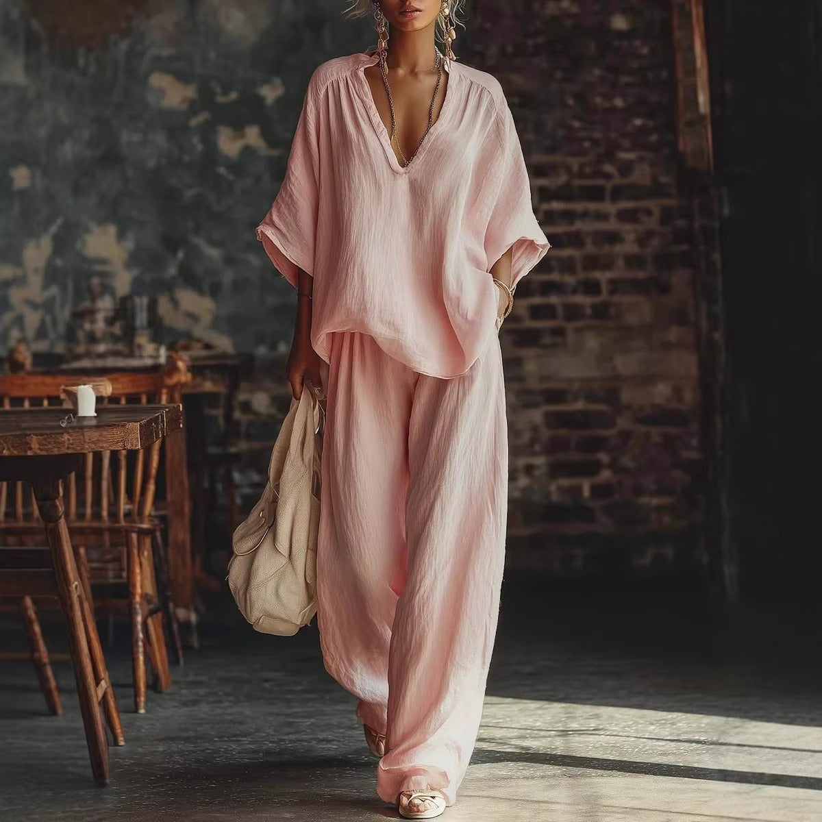 Ensemble d'été Bohème Chic pour Femme – Top ample à manches chauve-souris et Pantalon Palazzo Fluide, Tenue deux pièces de style station balnéaire, aux couleurs vives