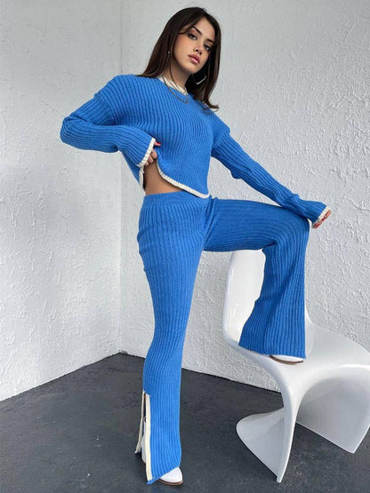 Trendy Ribbed Knit Two-Piece Set - Contrast Trim Long Sleeve Sweater & Flare Pants Lounge Set