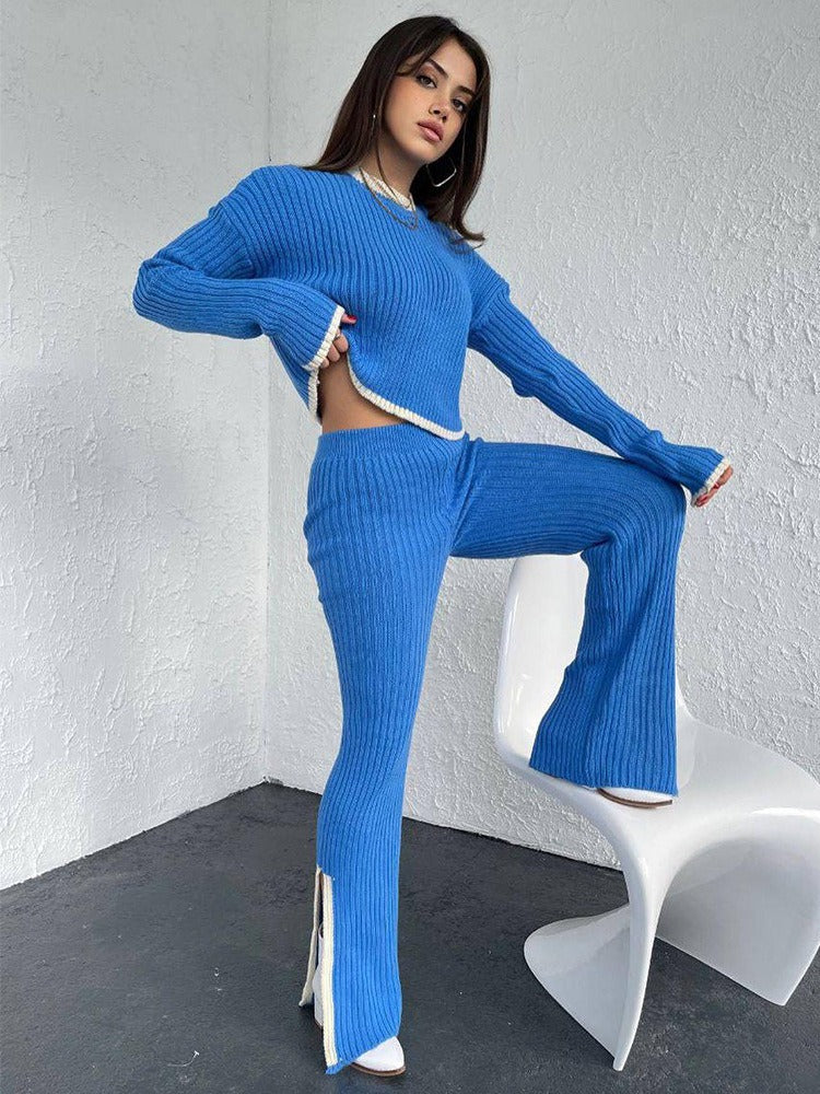 Trendy Ribbed Knit Two-Piece Set - Contrast Trim Long Sleeve Sweater & Flare Pants Lounge Set