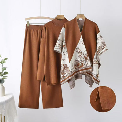 Elegant 3-Piece Knit Lounge Set - Open Front Shawl Poncho, Mock Neck Sweater & Wide Leg Pants