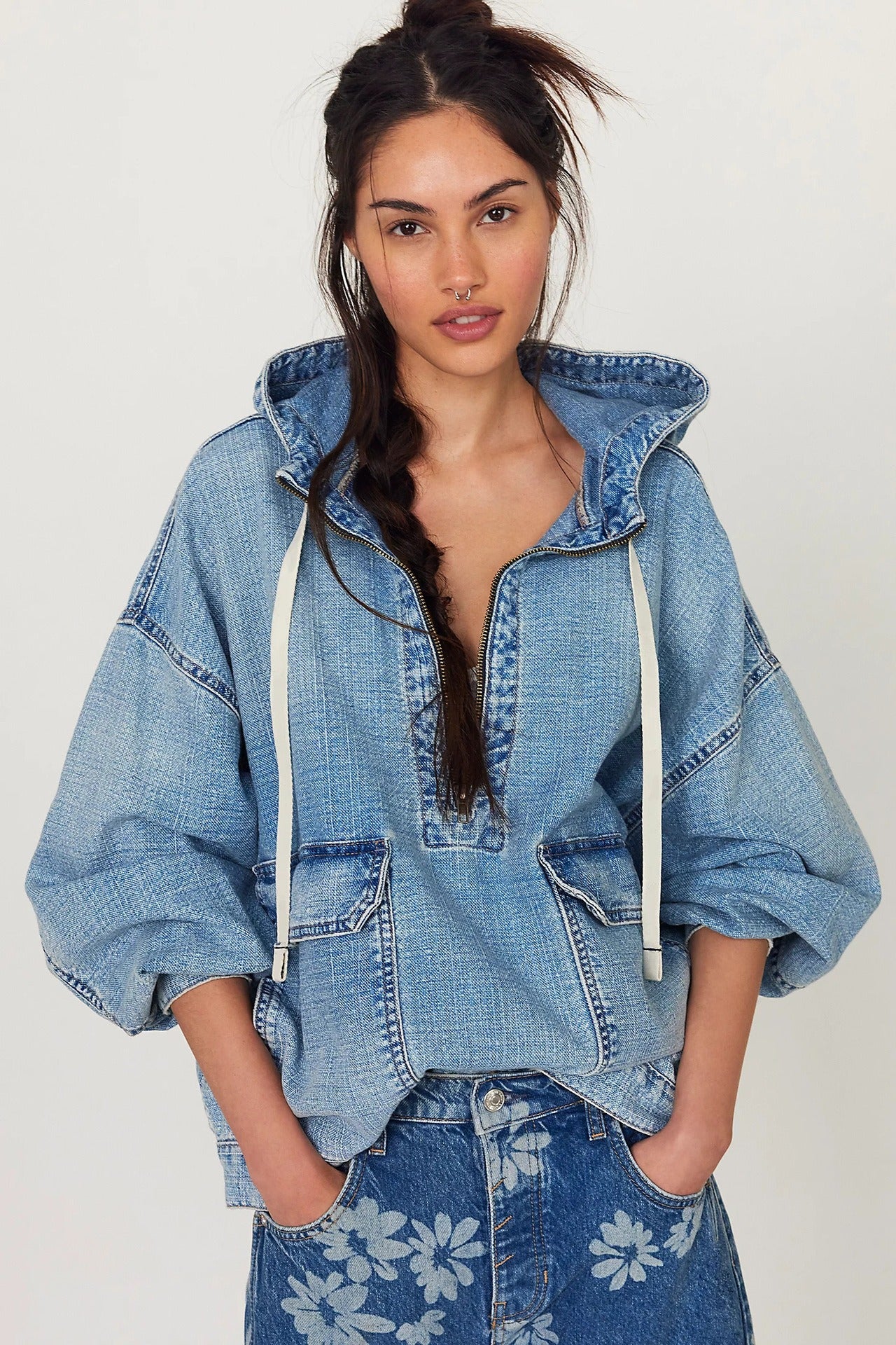 Women's Denim Pullover Hoodie | Casual Long Sleeve Washed Jean Sweatshirt Top