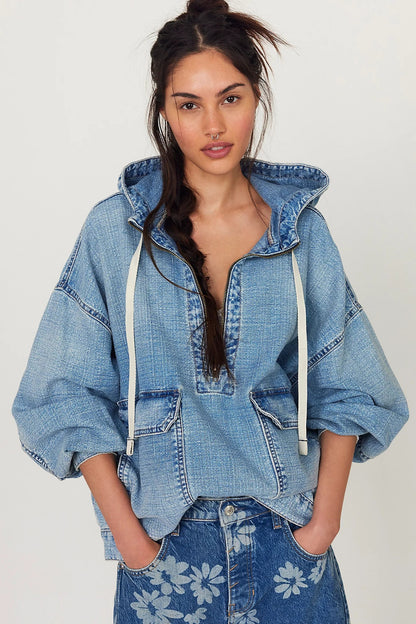 Women's Denim Pullover Hoodie | Casual Long Sleeve Washed Jean Sweatshirt Top