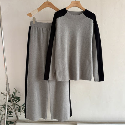 Chic Colorblock 2-Piece Knit Set - Mock Neck Long Sleeve Sweater & Wide Leg Stripe Pants Lounge Set