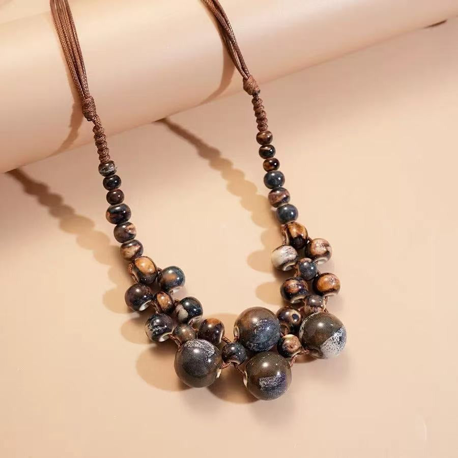 Boho Colorful Ceramic Beaded Necklace | Vintage Handmade Porcelain Stone Pendant Chunky Choker