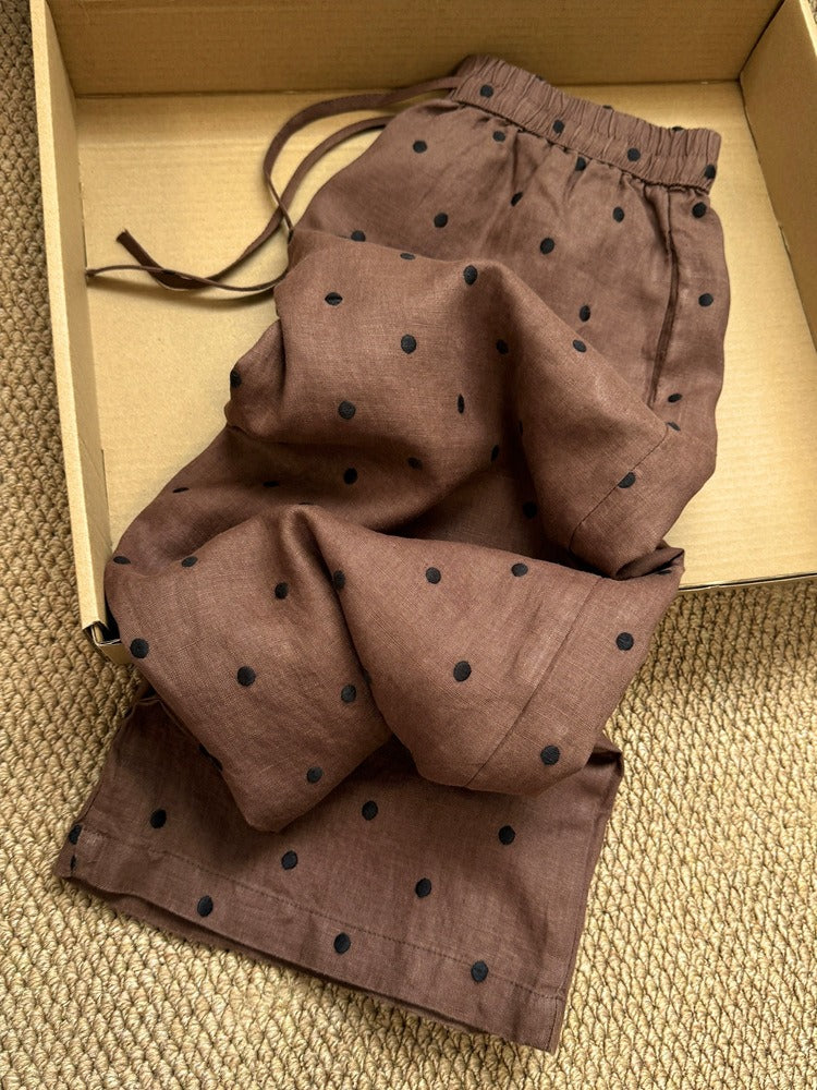 Vintage Polka Dot Embroidered Linen Pants | Casual High Waist Drawstring Loose Wide Leg Trousers
