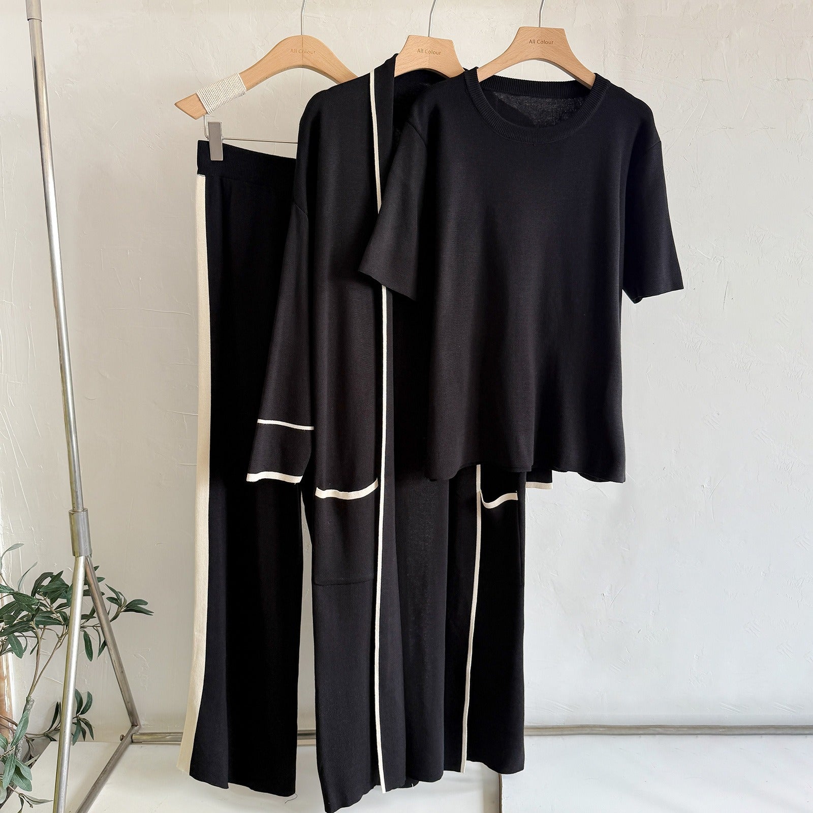Elegant 3-Piece Knit Lounge Set - Contrast Trim Long Robe Cardigan, Crewneck Tee & Wide Leg Pants