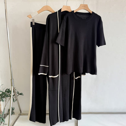 Elegant 3-Piece Knit Lounge Set - Contrast Trim Long Robe Cardigan, Crewneck Tee & Wide Leg Pants