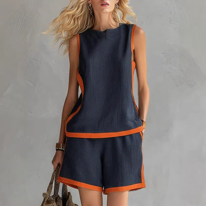 Ensembles deux pièces en lin pour femmes avec liseré contrastant – Débardeur sans manches à col rond et short, Ensemble coordonné sportif pour les vacances d'été