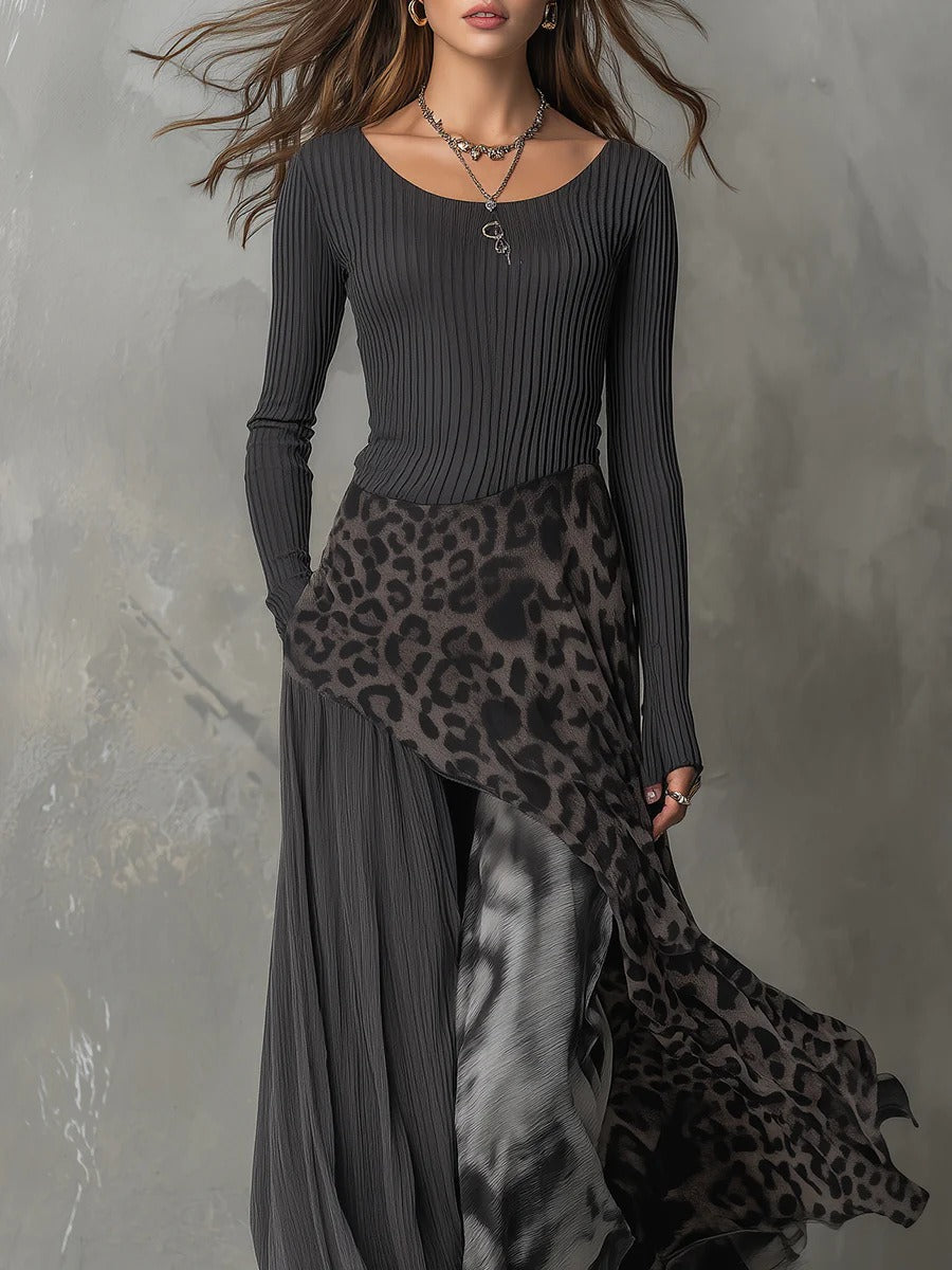 Robe longue en tricot côtelé épissé | Robe de soirée léopard asymétrique élégante à taille haute